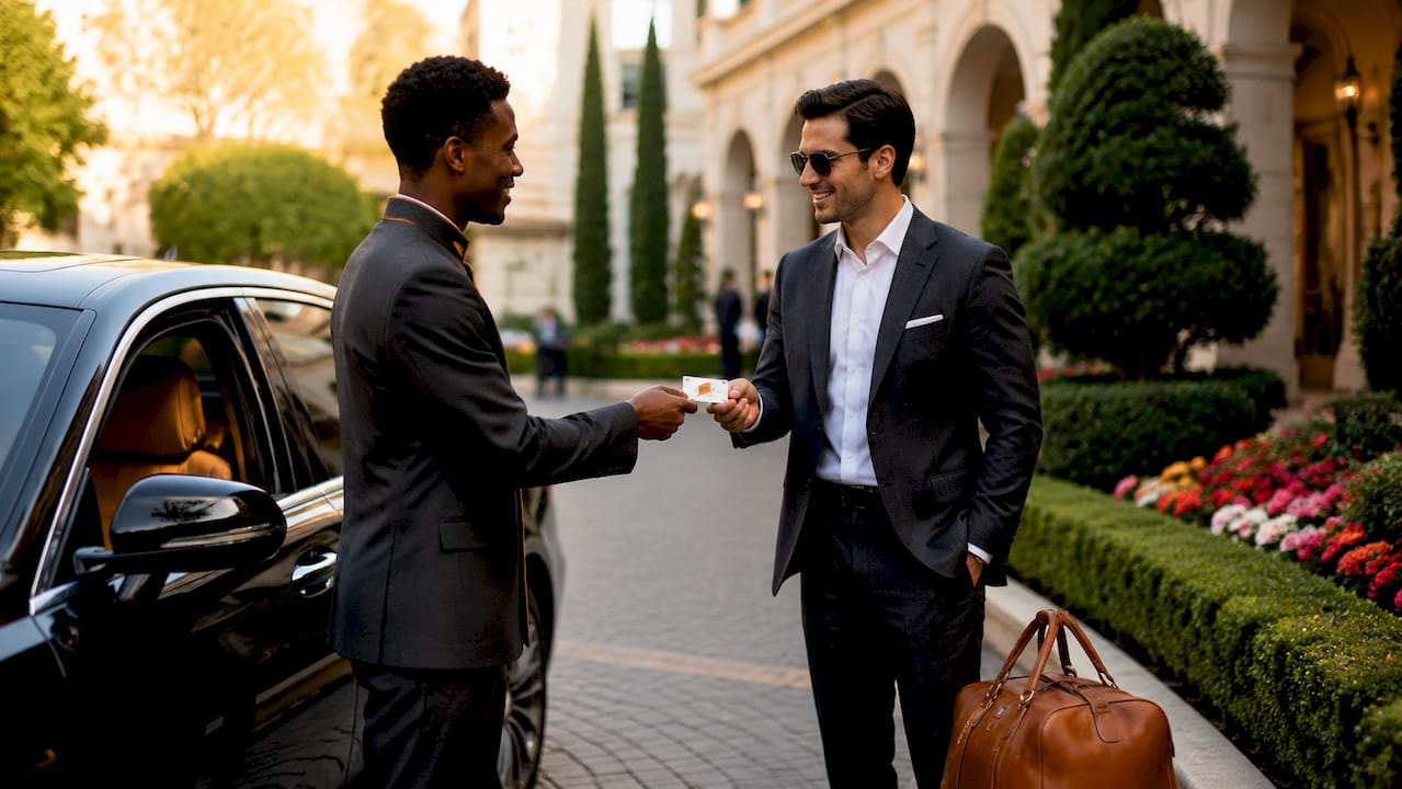 Valet attendant handing guest a valet ticket