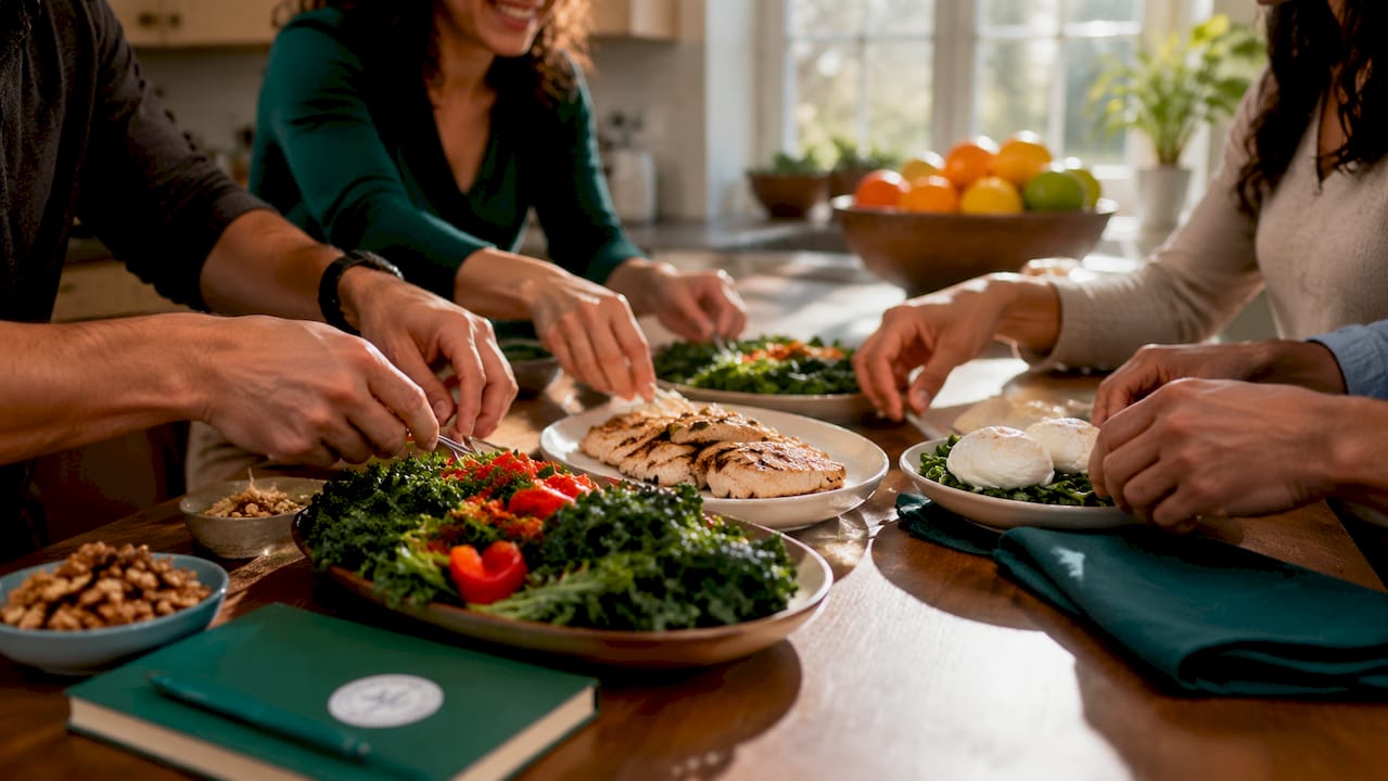 Diverse hands reaching over real food macronutrient sources