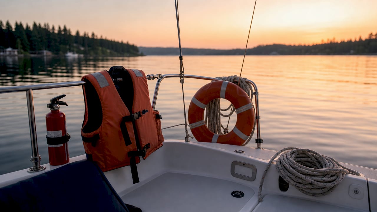 Boat safety equipment arranged on a docked vessel