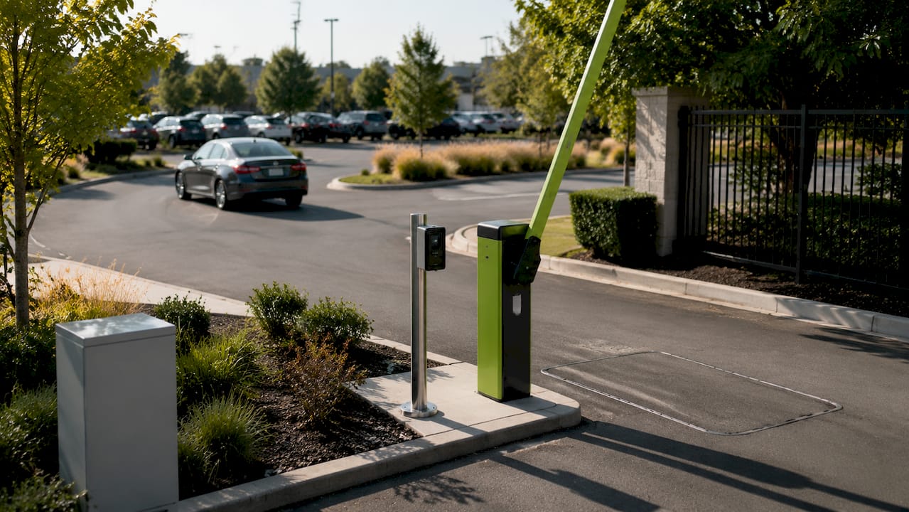 Parking gate with RFID reader and boom barrier