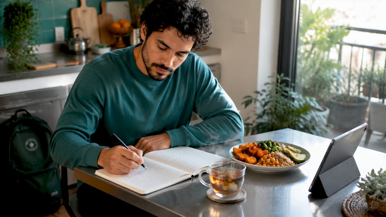 Man tracking meal habits in journal at table
