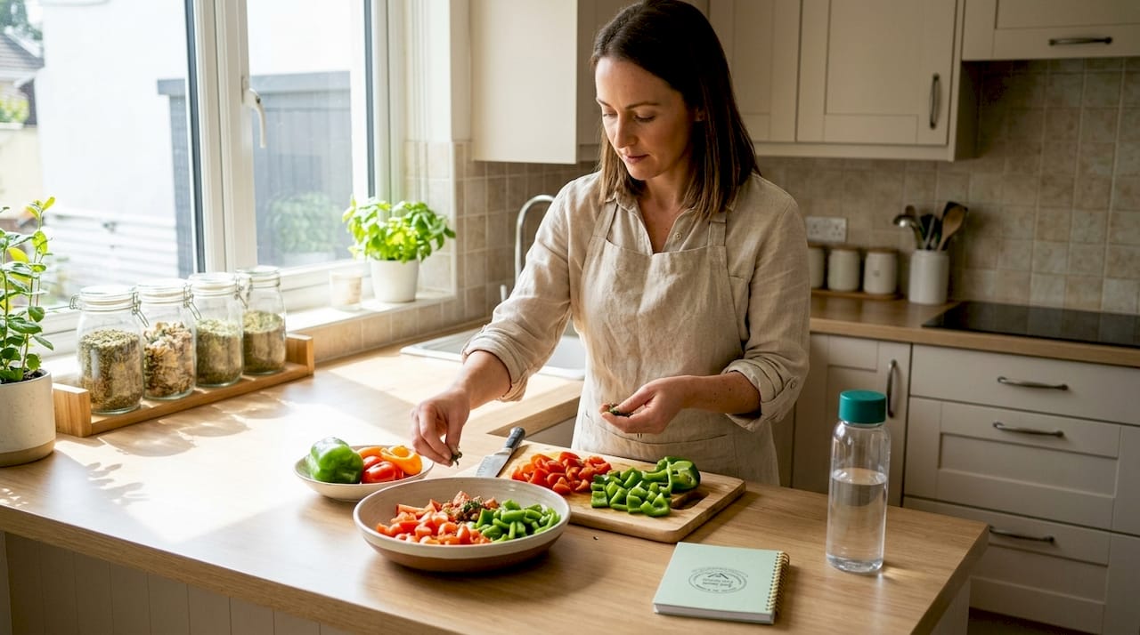 Woman prepping healthy meals in bright kitchen