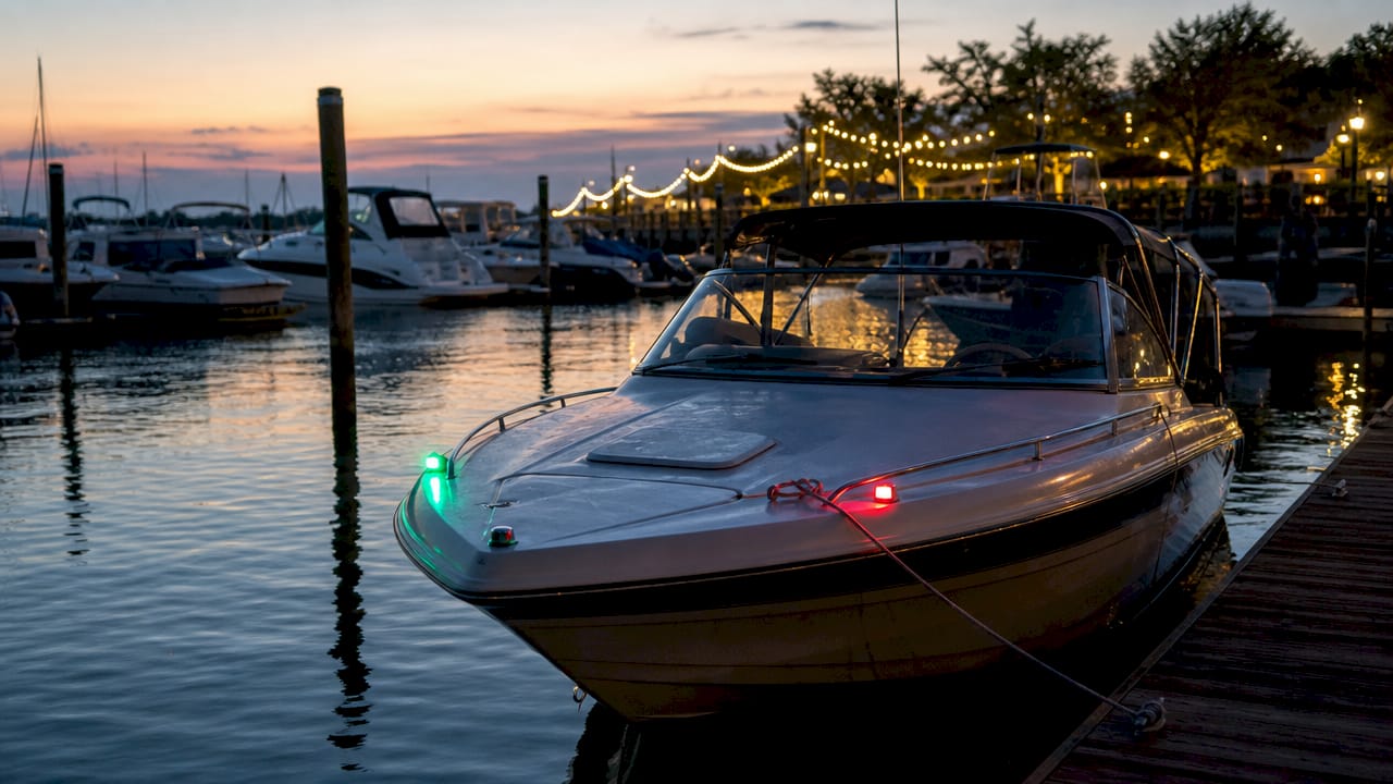 Navigation lights glowing on docked 14-foot powerboat