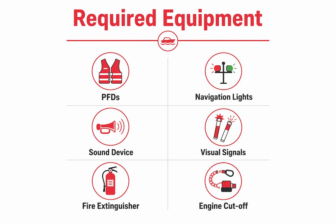 Infographic detailing required equipment for 14-foot powerboats