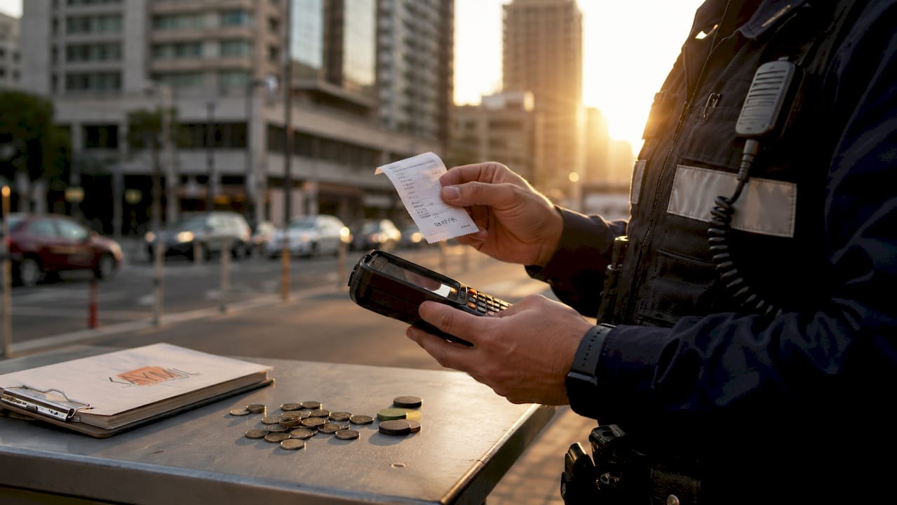 Close-up of hands holding stamped parking ticket and device