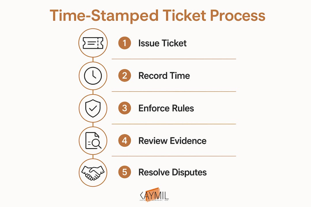 Infographic illustrating steps of time-stamped parking ticket process