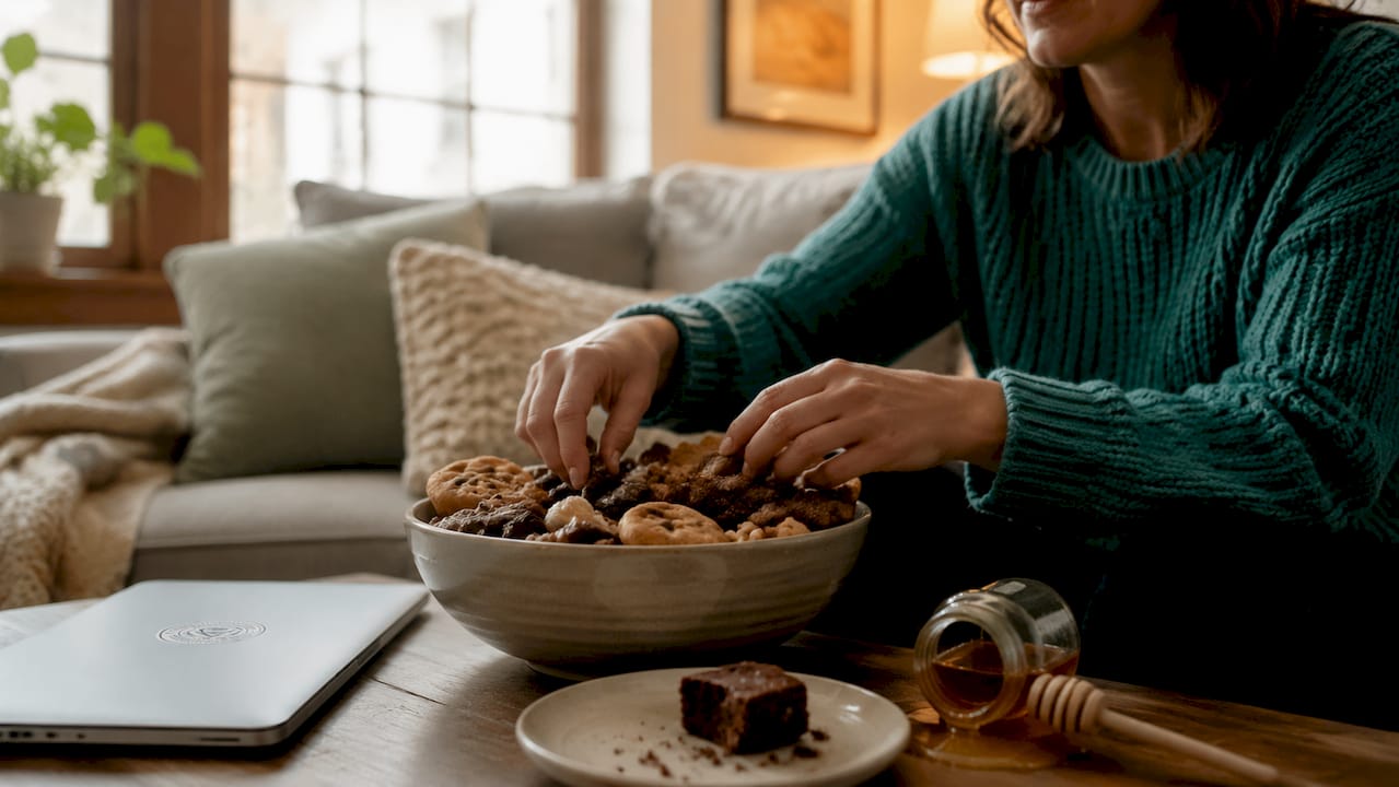 Hands reaching for comfort snacks on counter