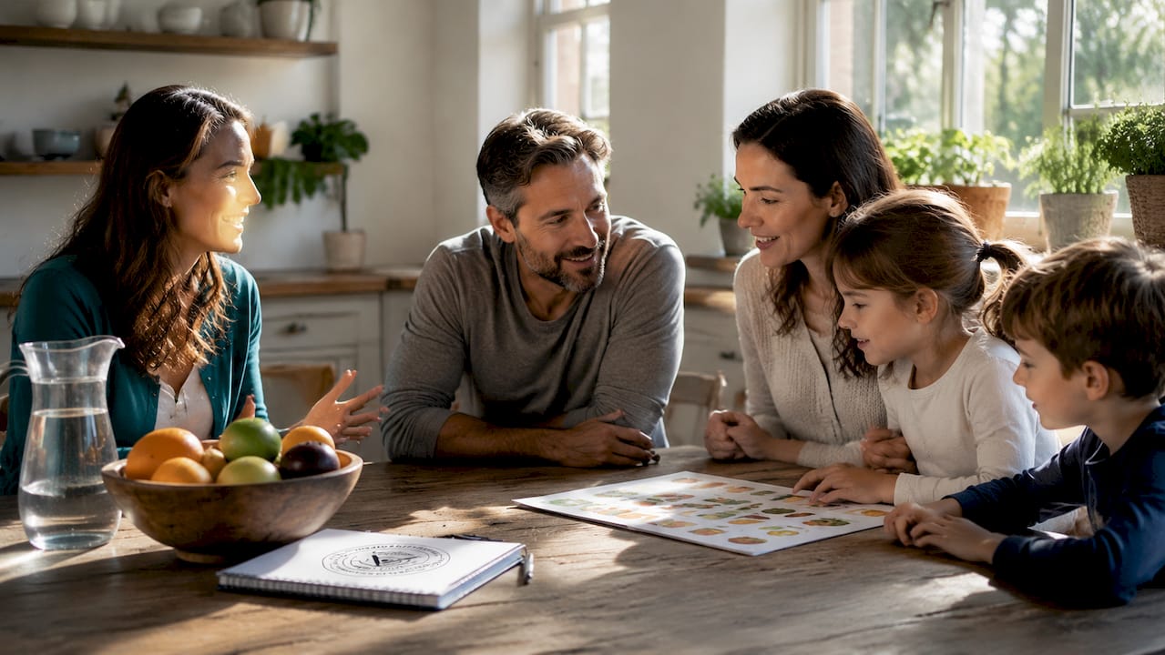 Nutrition coach advising family in consulting room