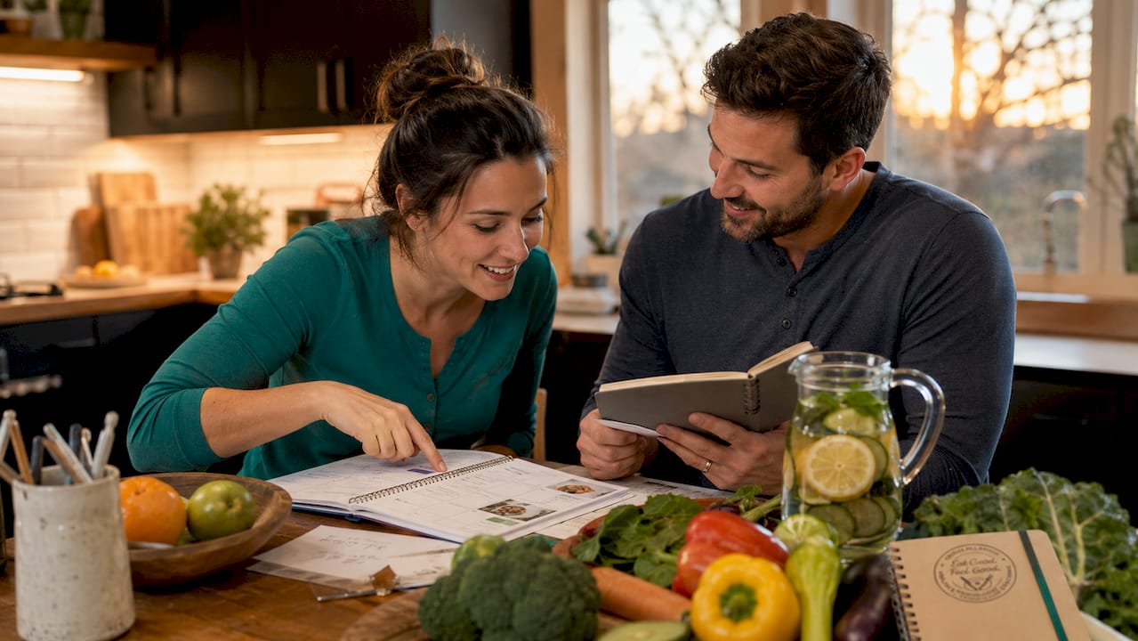 Parents planning family nutrition at kitchen table