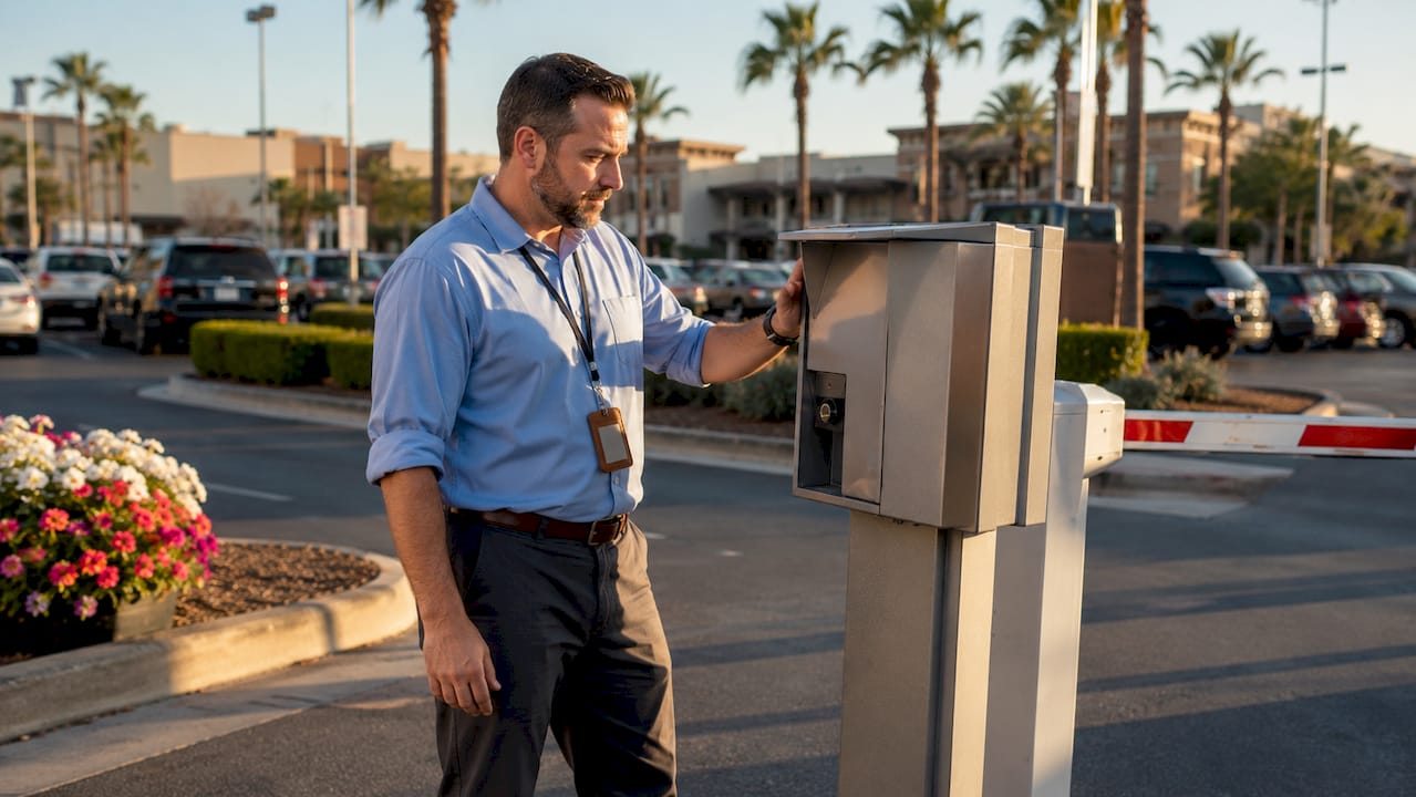 Manager inspecting casino parking ticket dispenser
