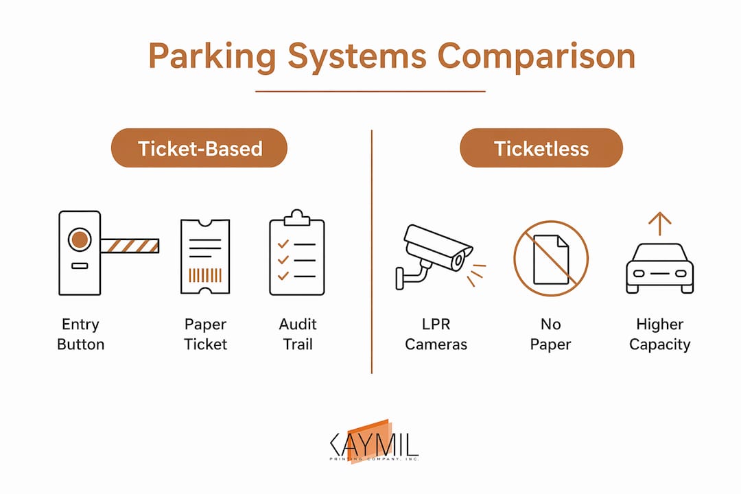 Infographic comparing ticket-based and ticketless parking systems