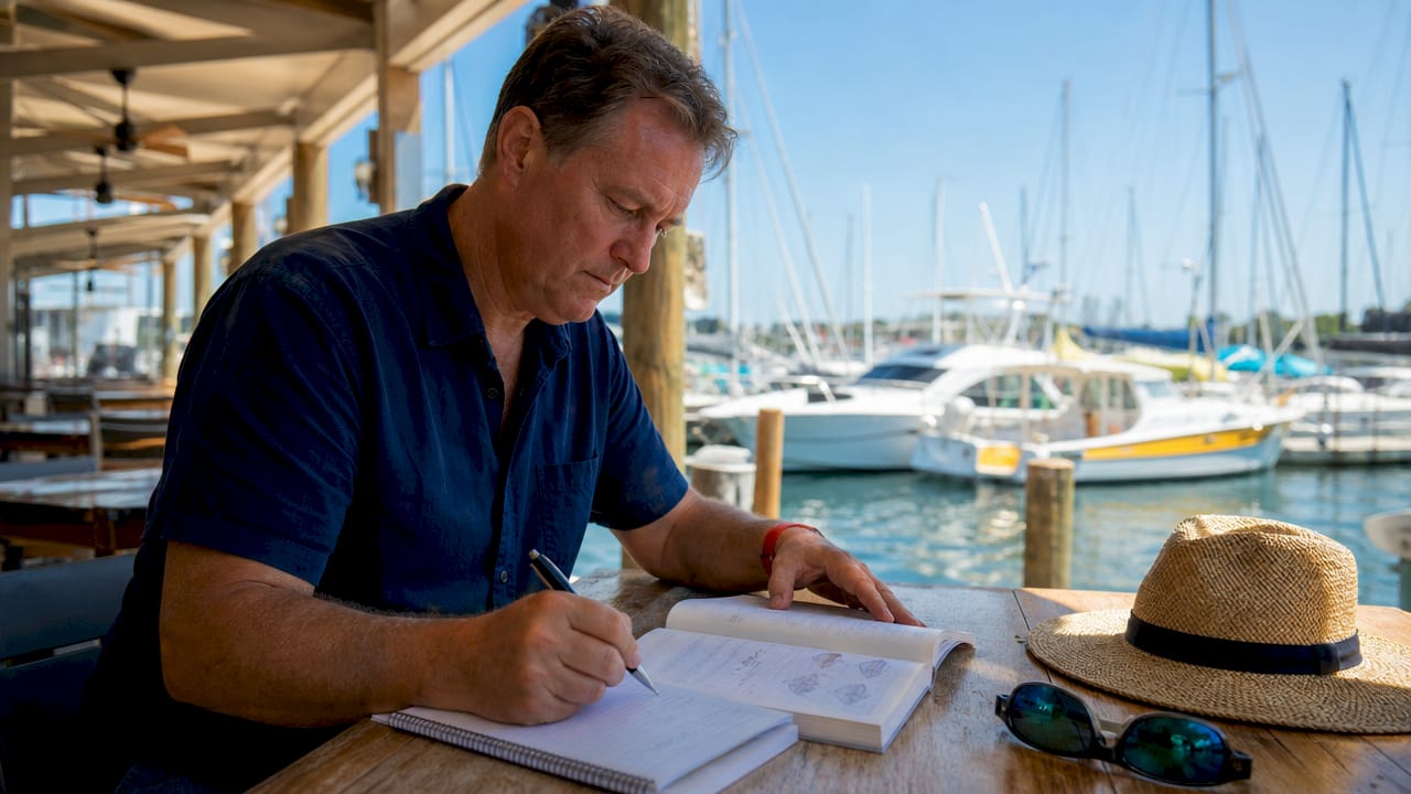 Man studying boat terms by marina dock