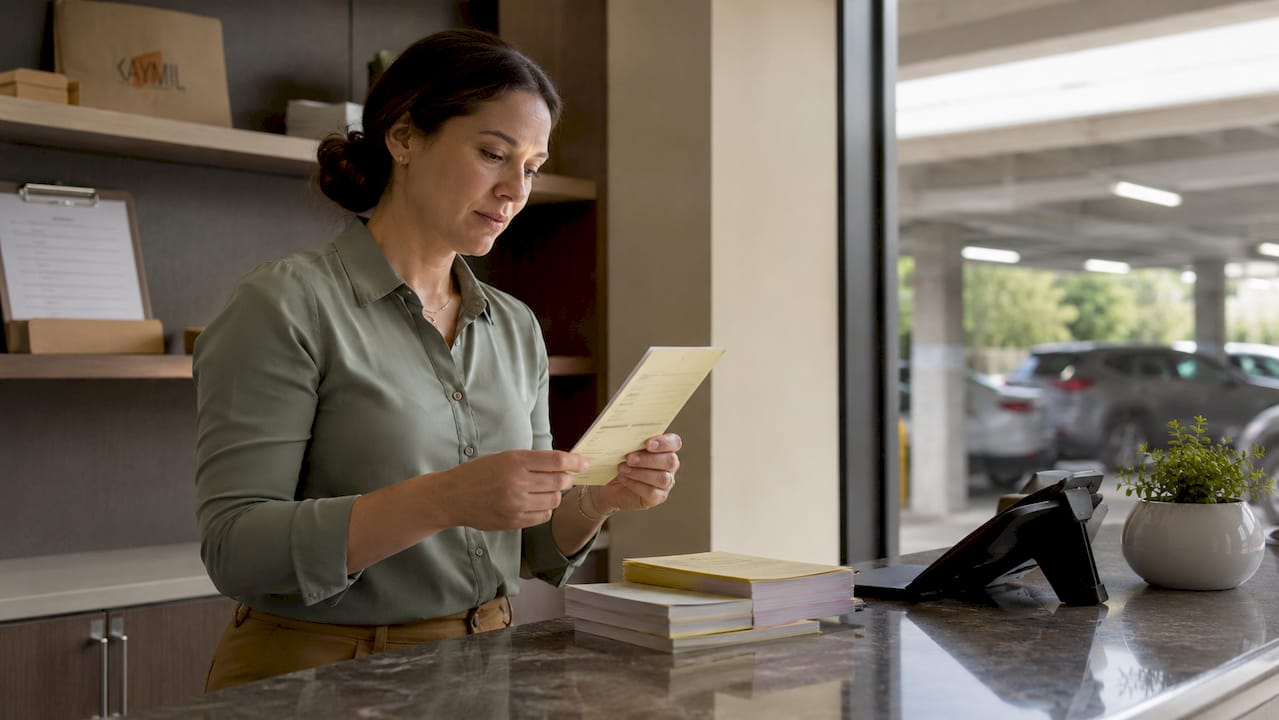 Parking manager holding carbonless ticket in office