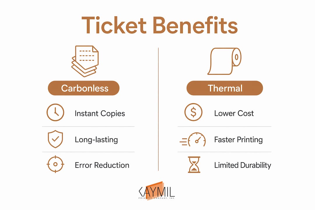 Infographic comparing benefits of carbonless and thermal tickets
