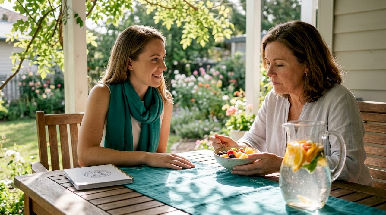 Nutrition coach listening to client in kitchen
