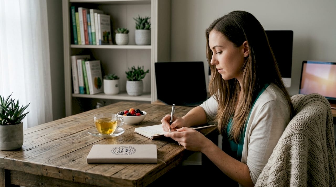 Woman journaling to manage emotional eating