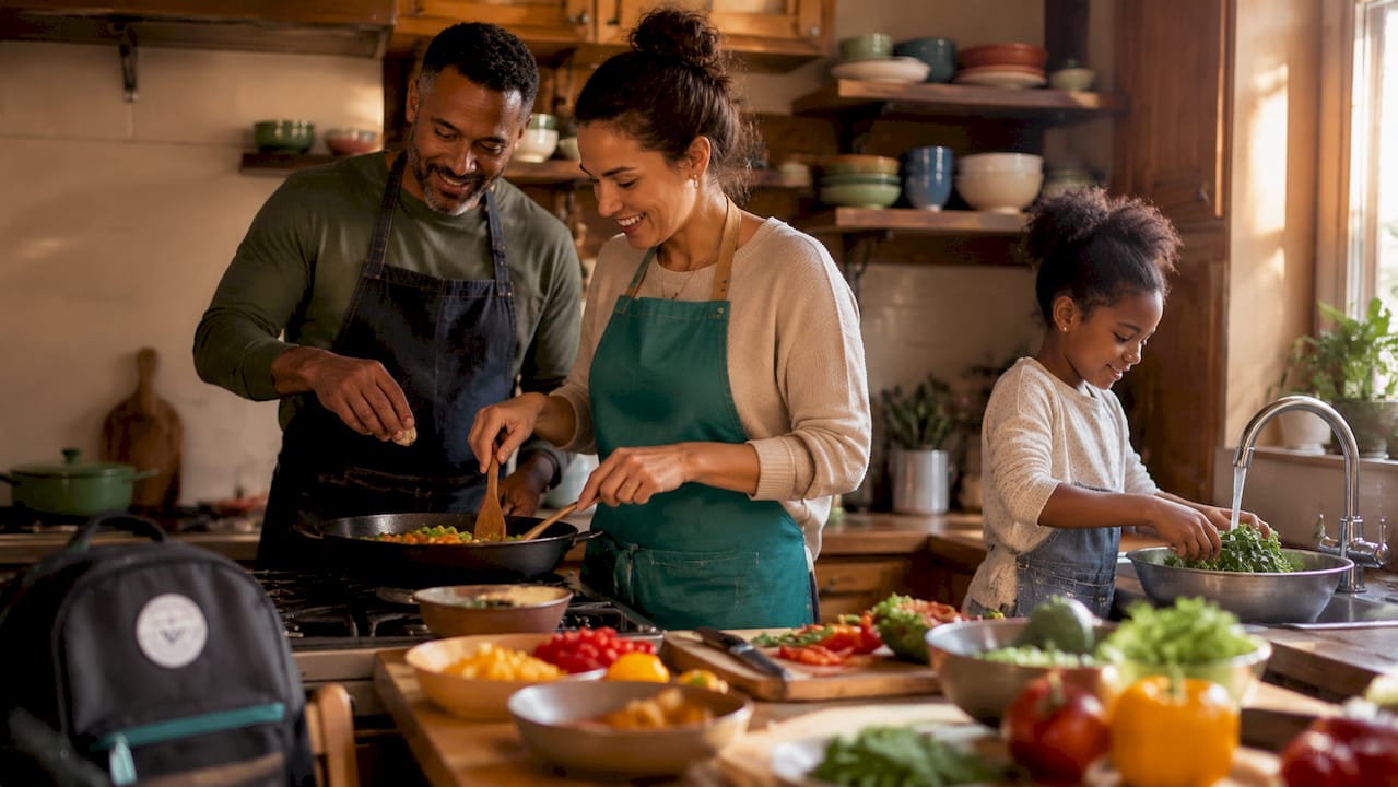 Family preparing meal together in kitchen