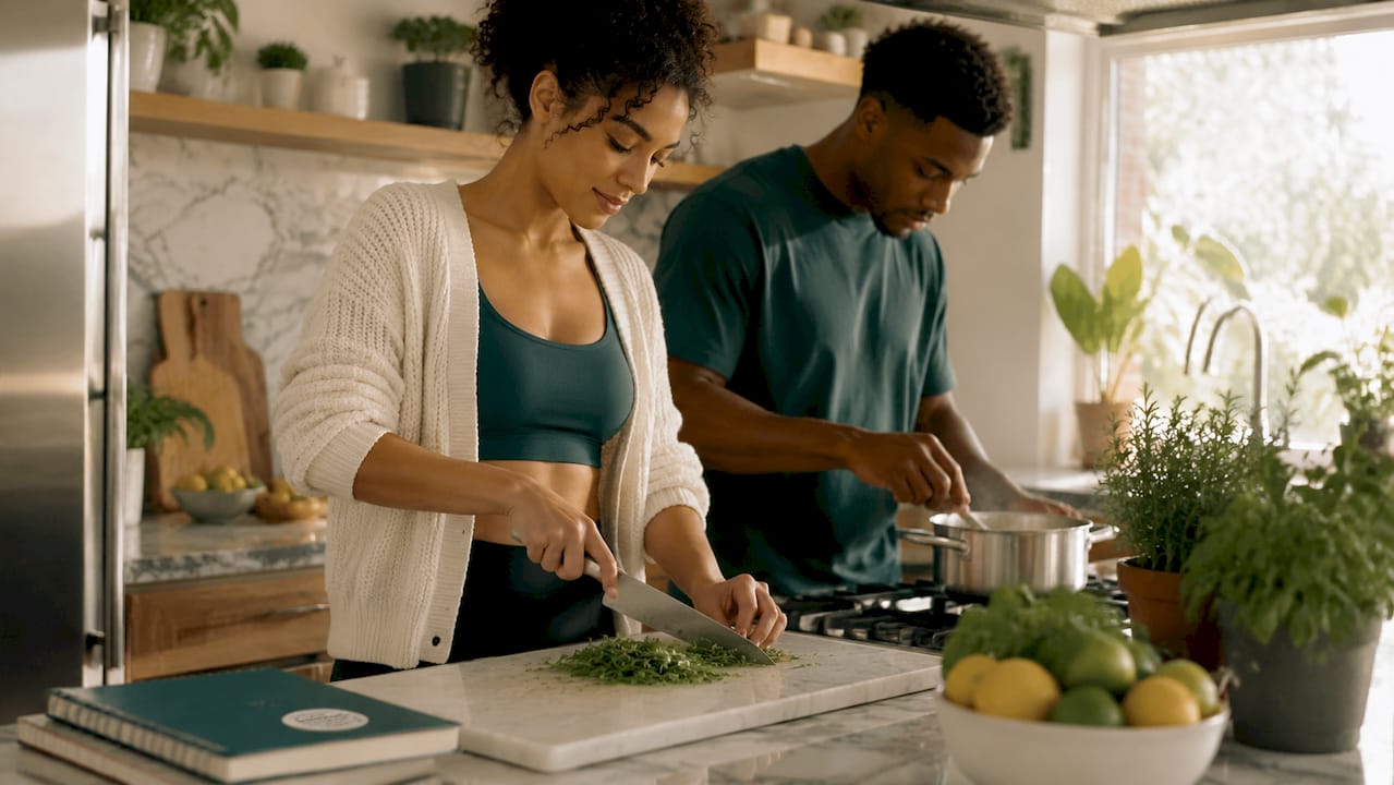 Couple cooking dinner together in kitchen