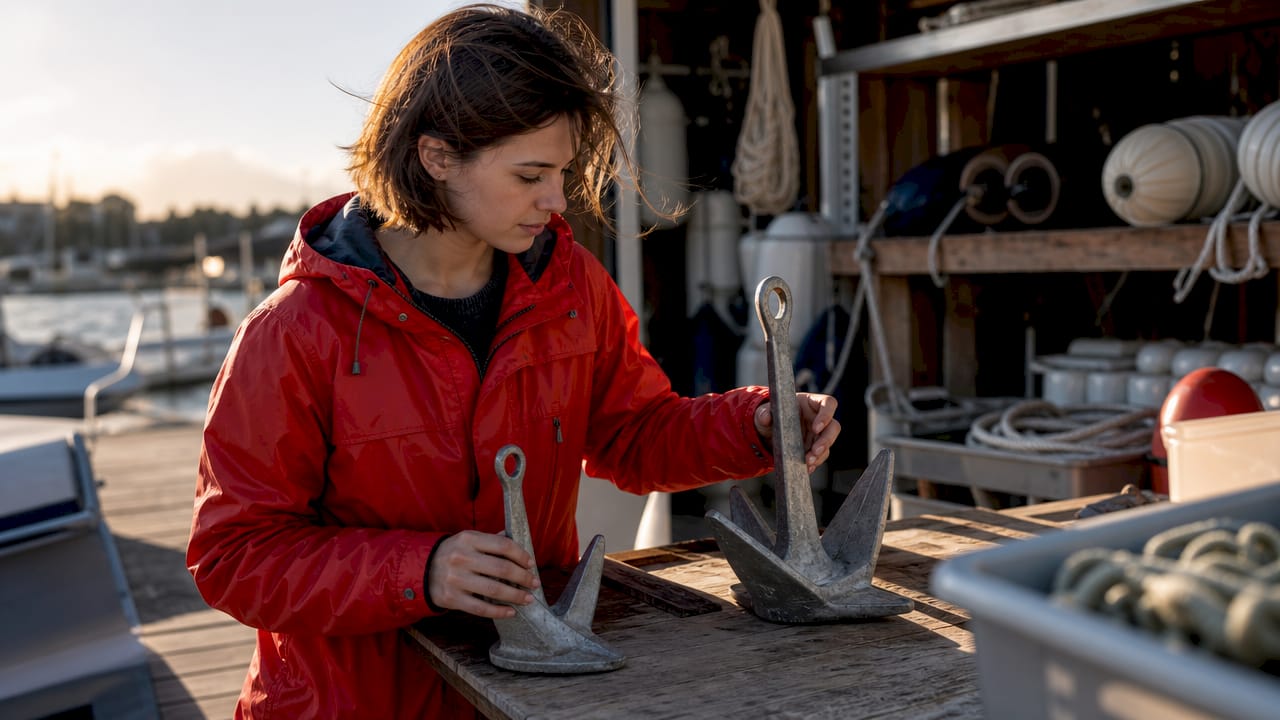 Hands comparing small boat anchors on display rack