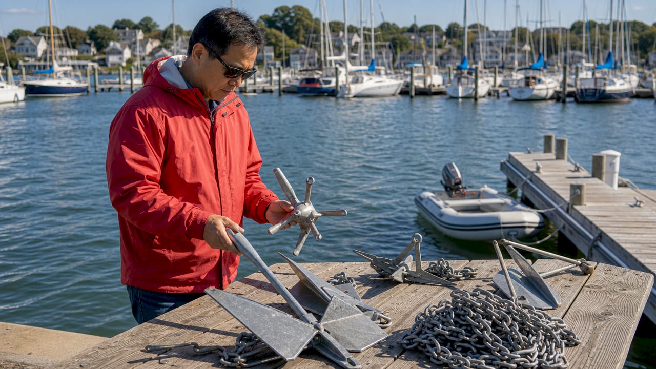 Man inspecting small boat anchors at dock