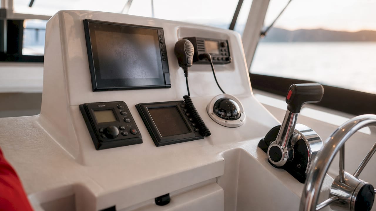 Close-up of helm navigation electronics cluster