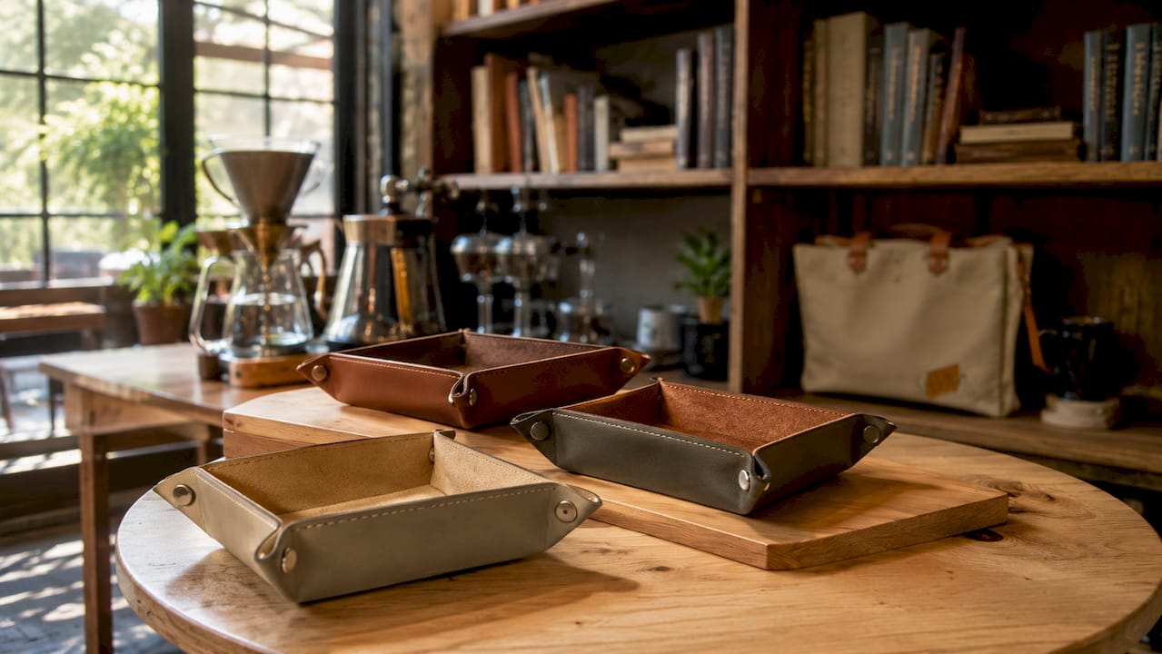 Overhead view of custom leather valet trays
