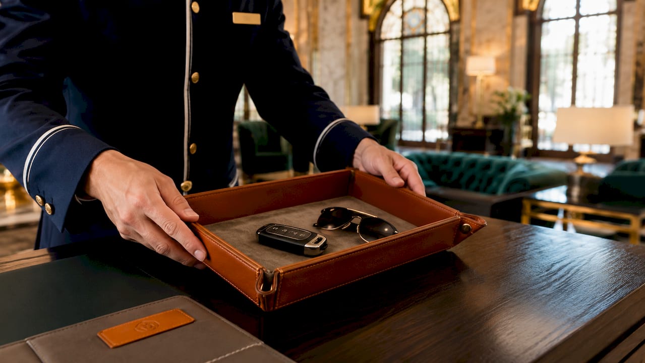 Valet placing premium leather tray on lobby counter