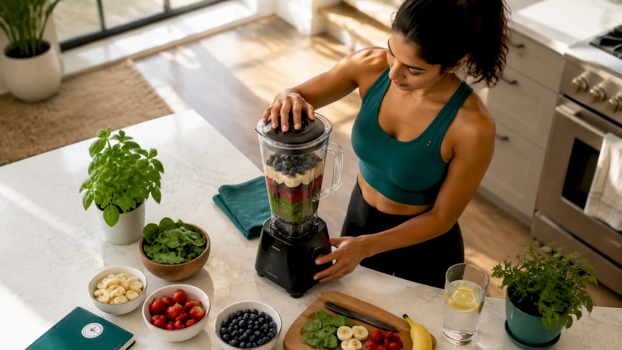Woman preparing balanced meal in kitchen