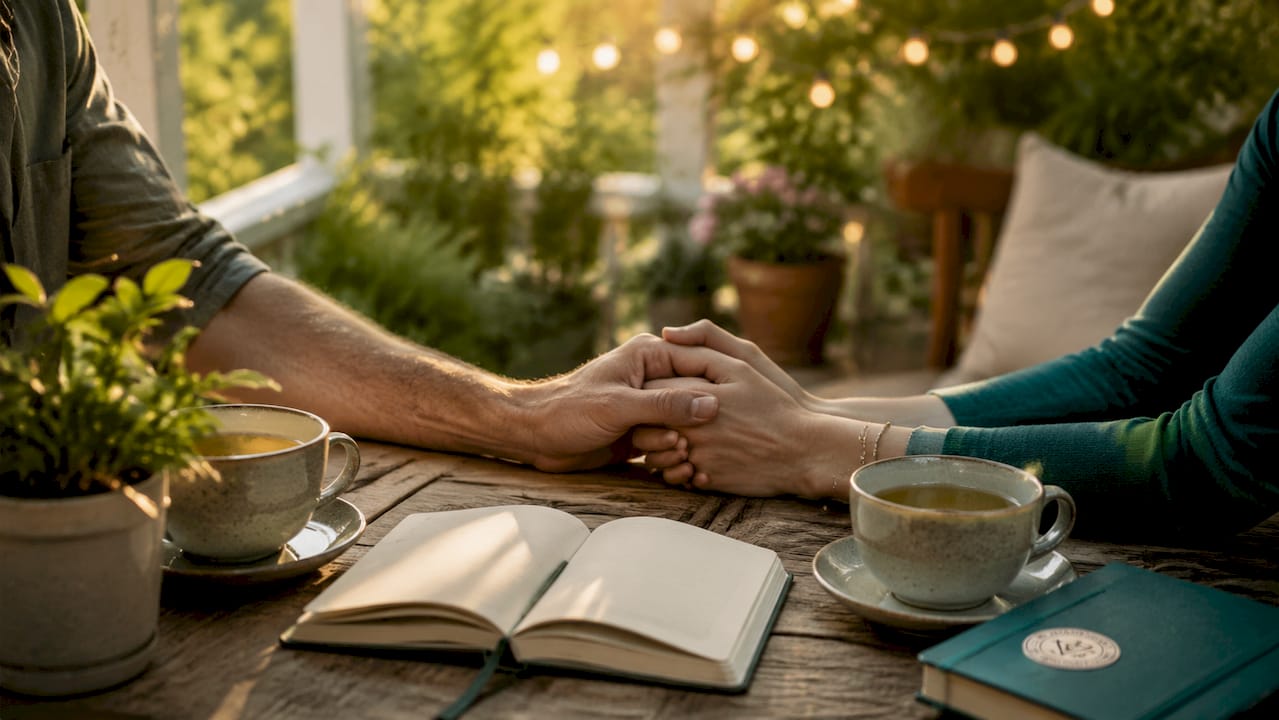 Hands interlocked practicing shared relaxation outdoors