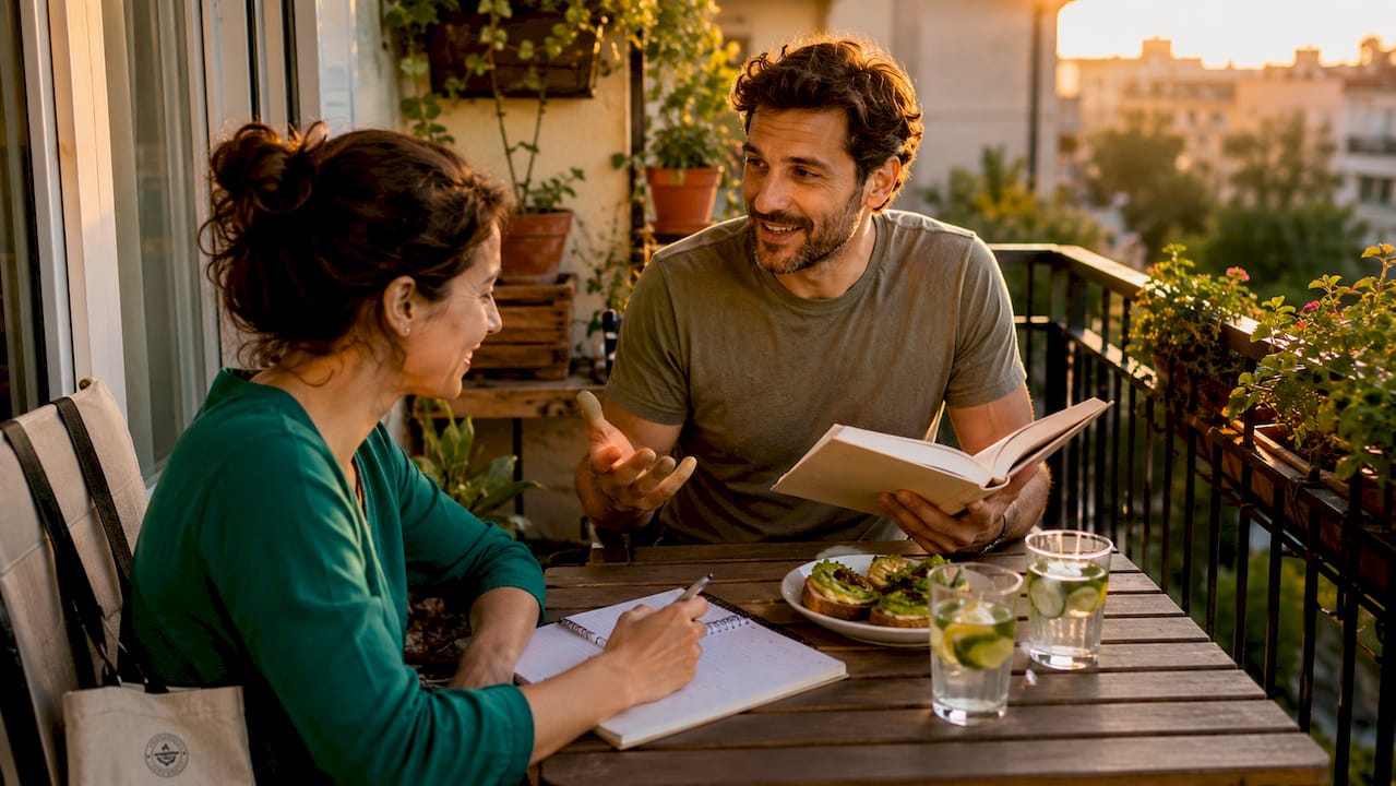 Couple planning wellness goals at home kitchen table