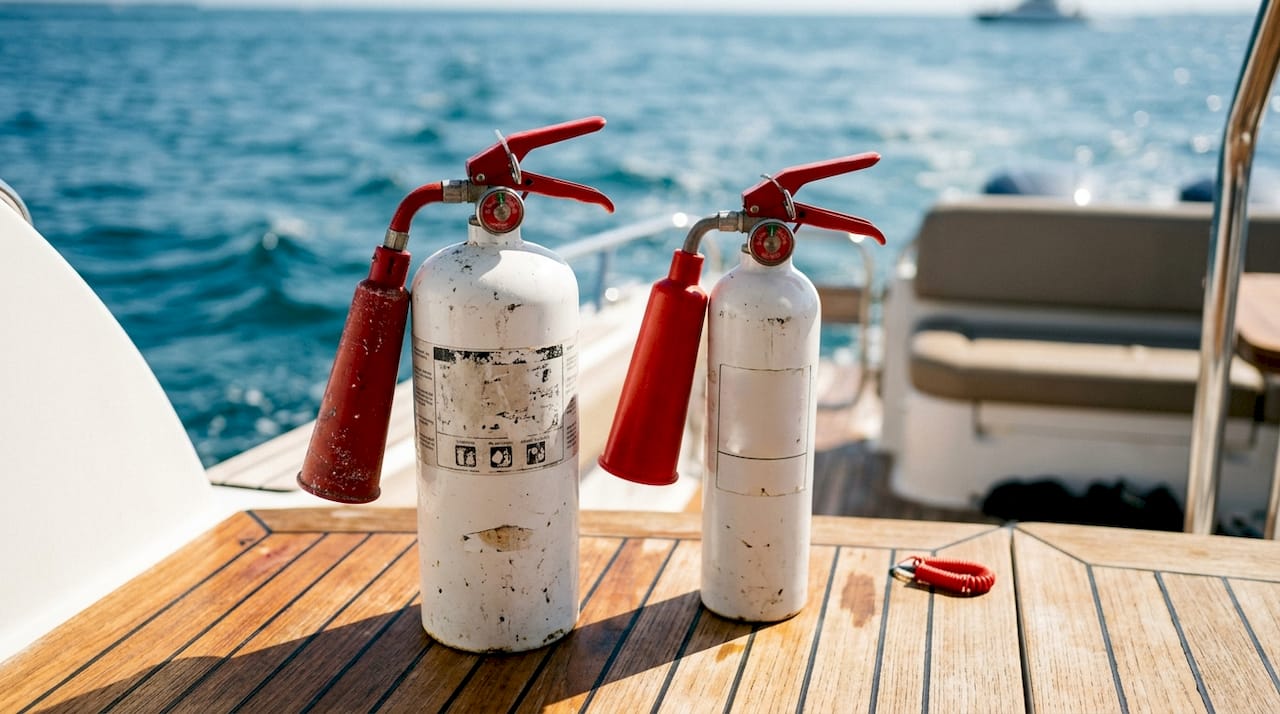 Close-up of two marine fire extinguishers inside boat cabin