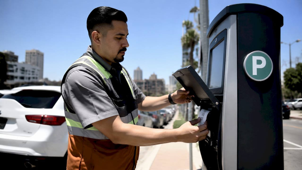 Parking attendant loading barcode ticket roll