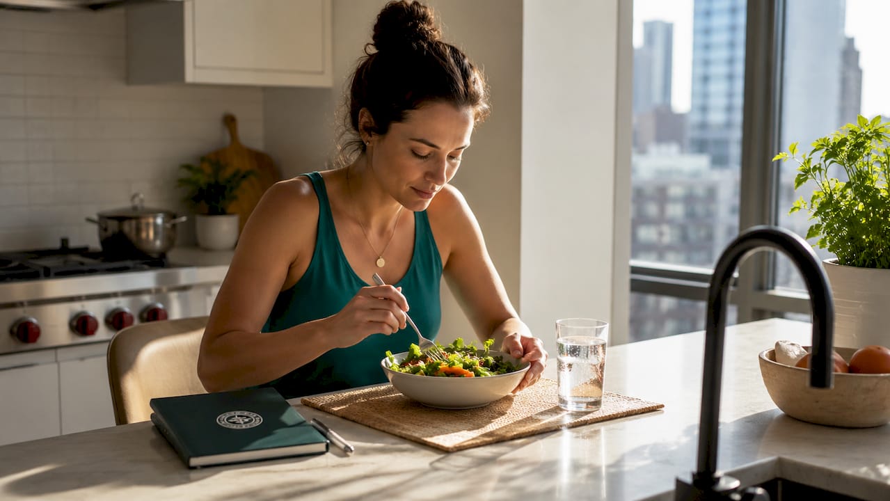 Woman practicing mindful eating at kitchen table