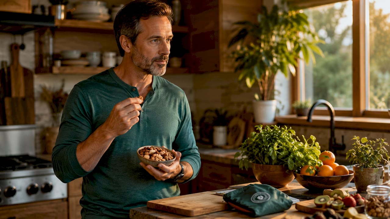 Man pausing before eating nuts on sofa