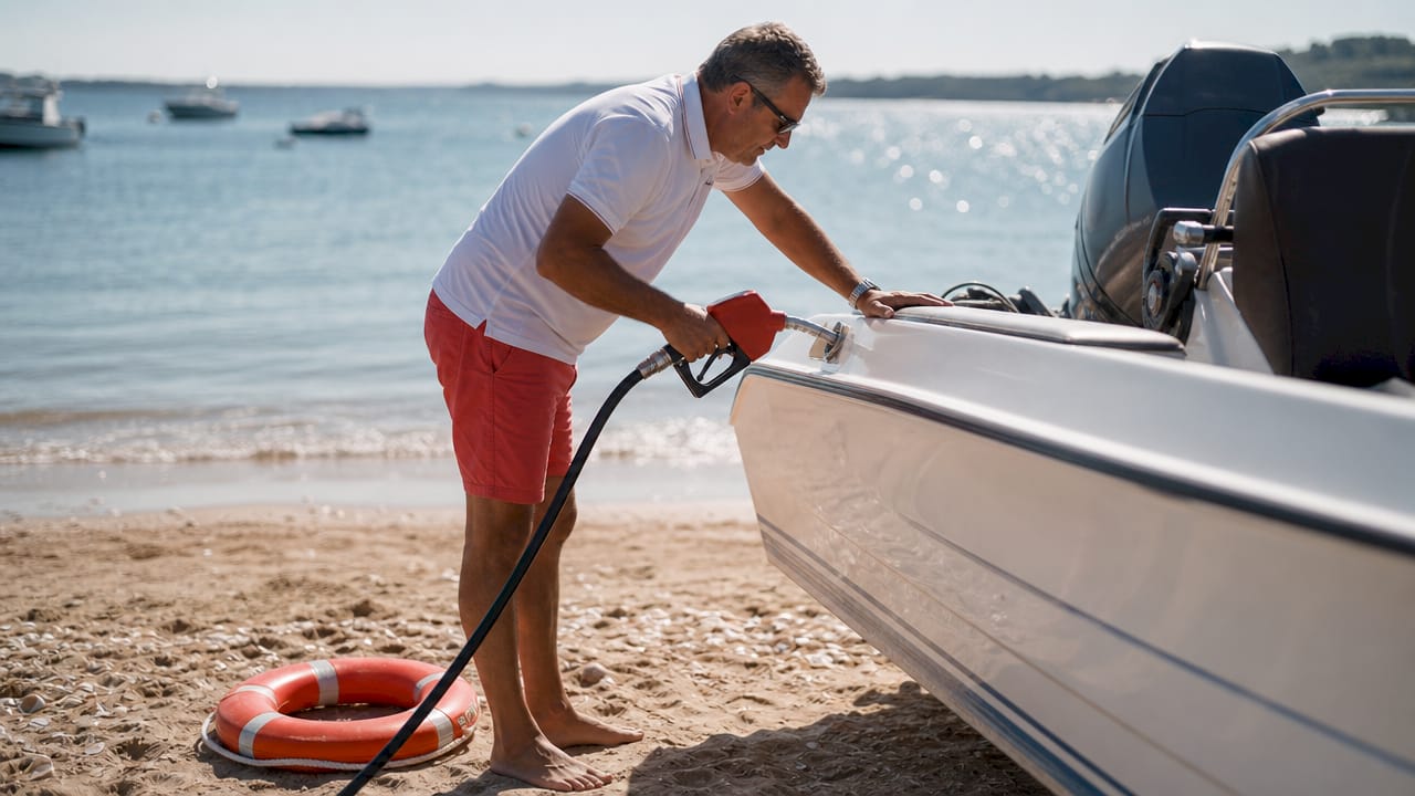 Man fueling boat with engine off at marina dock