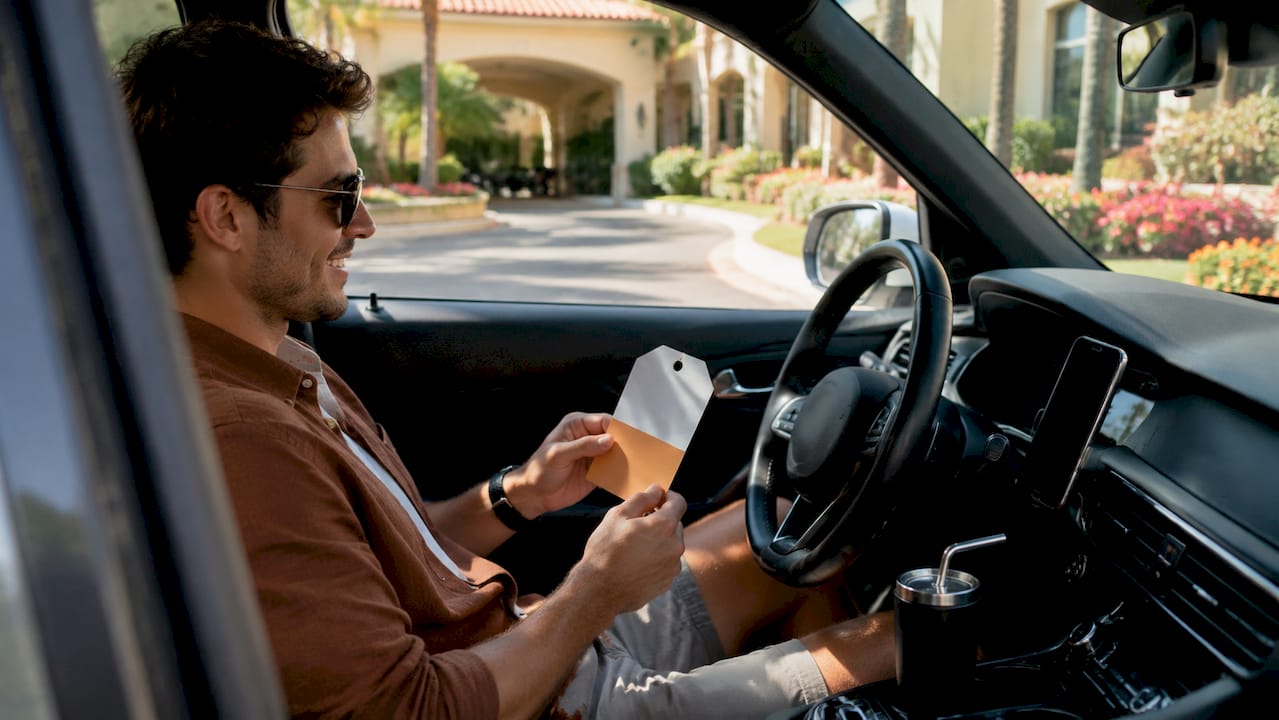 Hands holding hotel guest physical parking pass inside vehicle