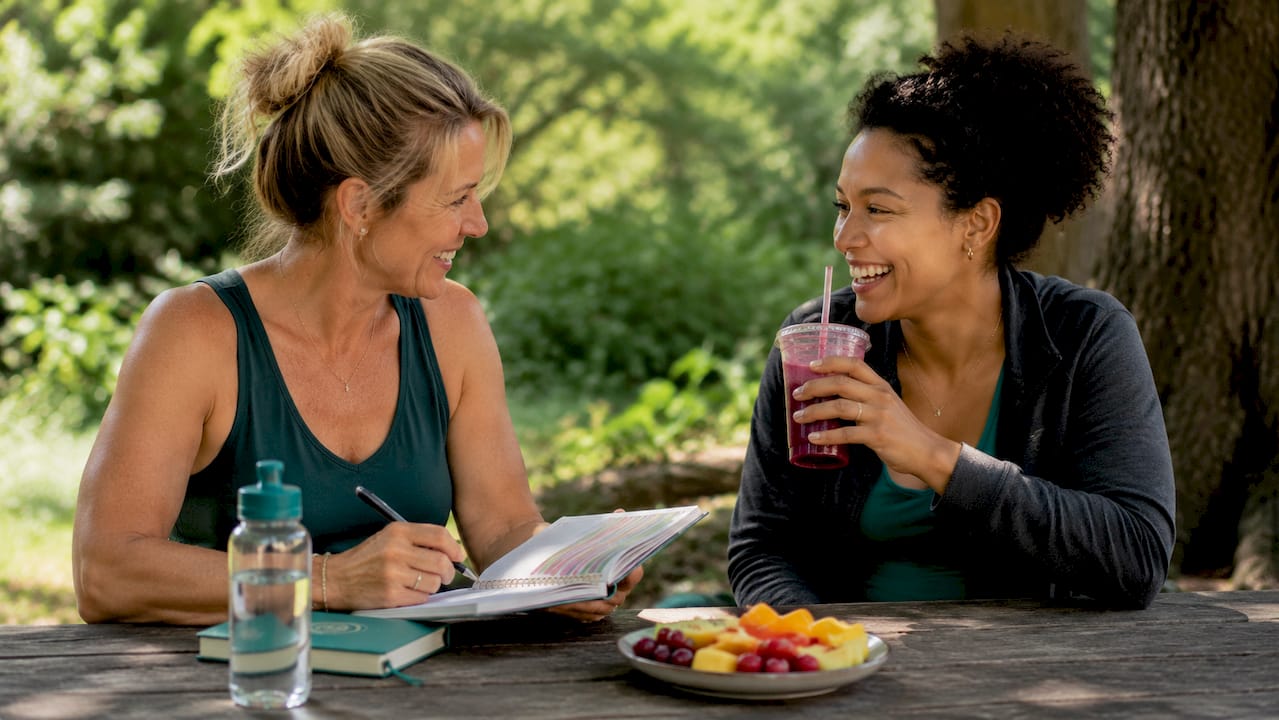 Friends using hunger scale app at café table outdoors