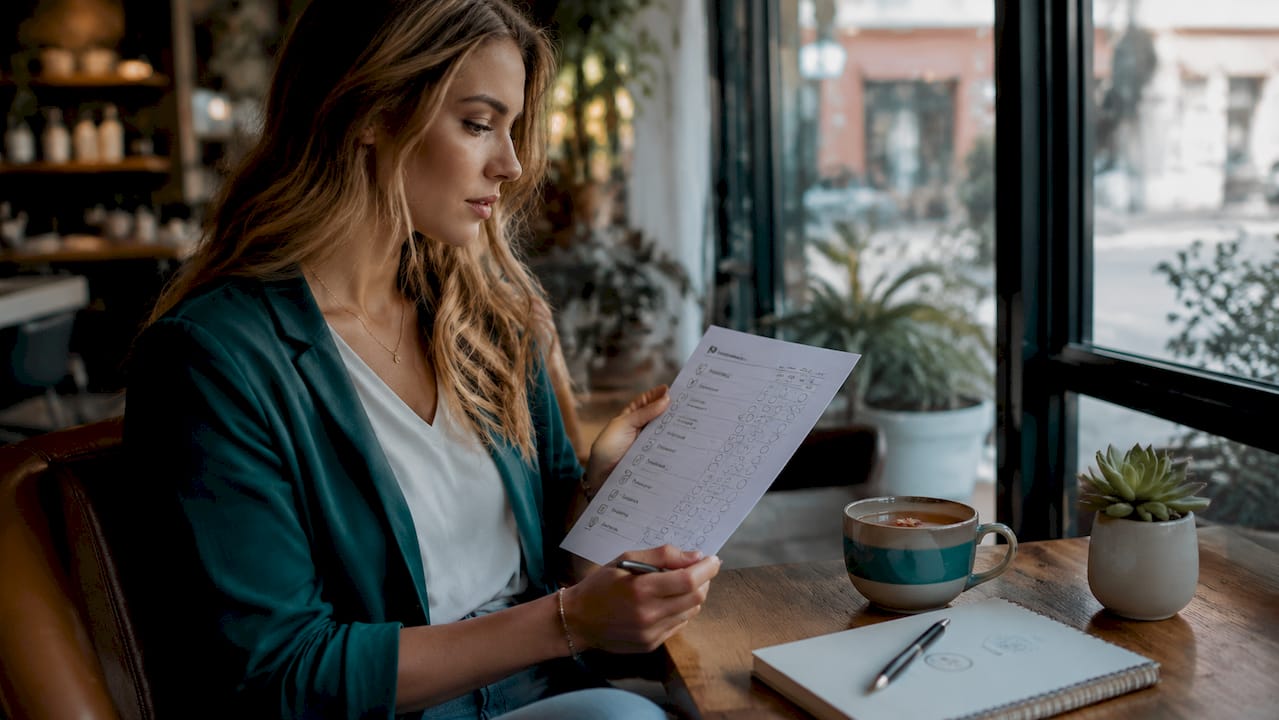 Woman completing food habits checklist at kitchen table