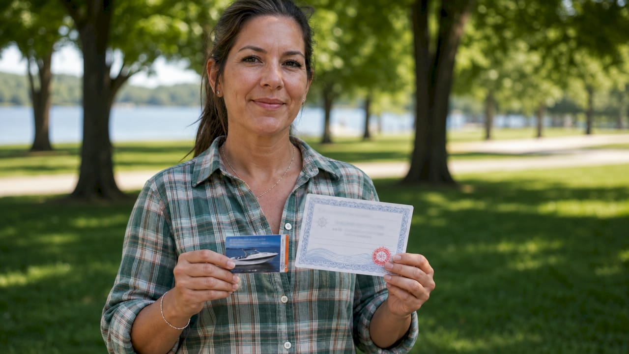 Close-up of hands holding official boater card certificate