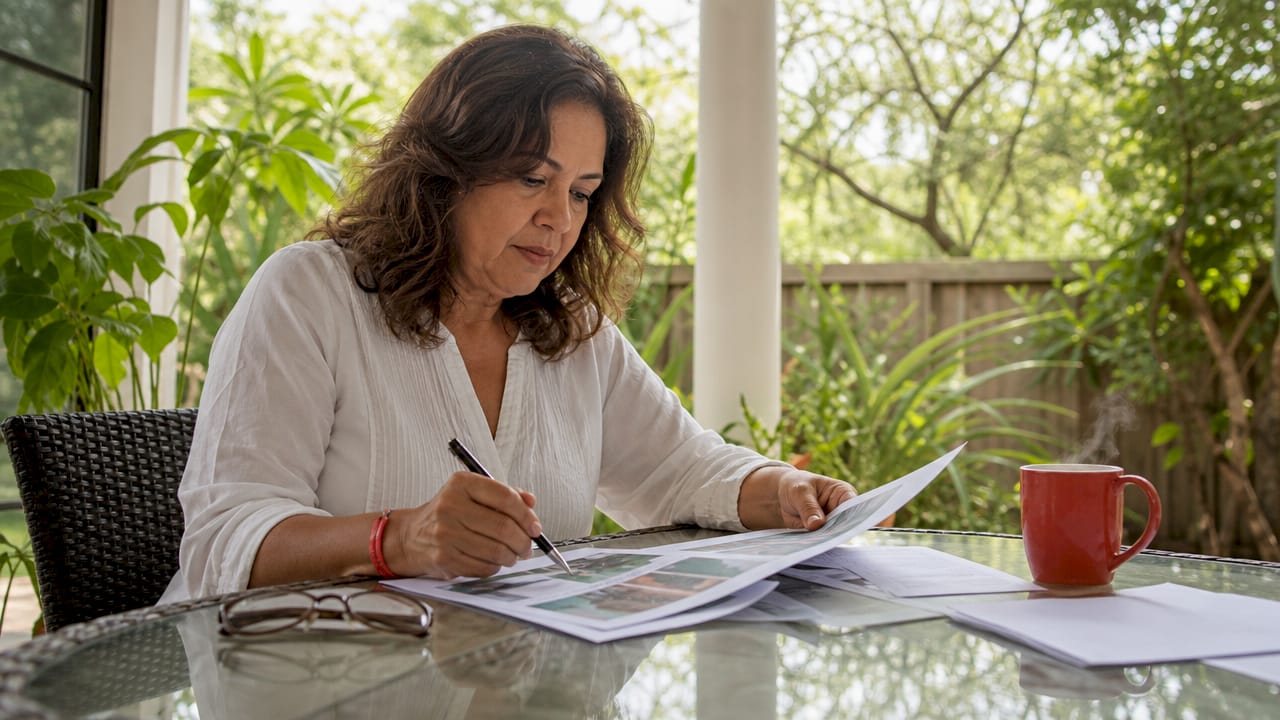Woman sorting boating certification paperwork at home table