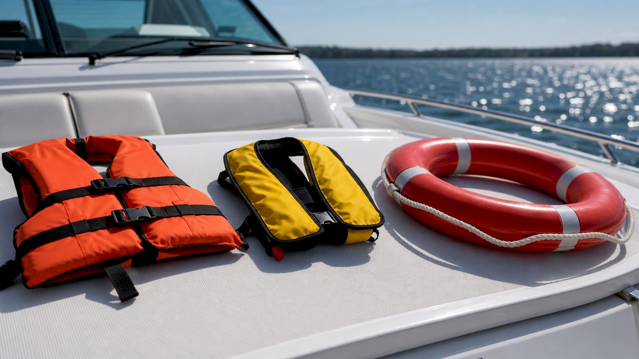 Different types of life jackets displayed on boat bench