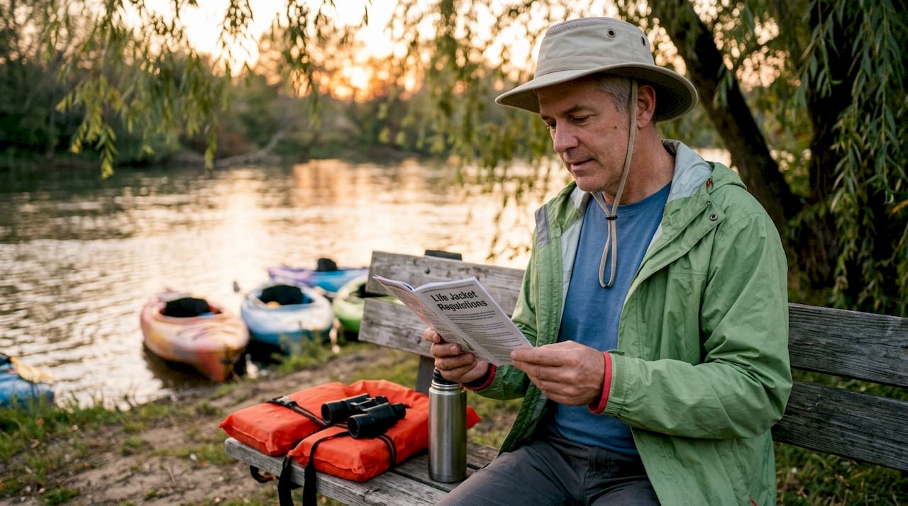 Boater reading life jacket regulations booklet by lake
