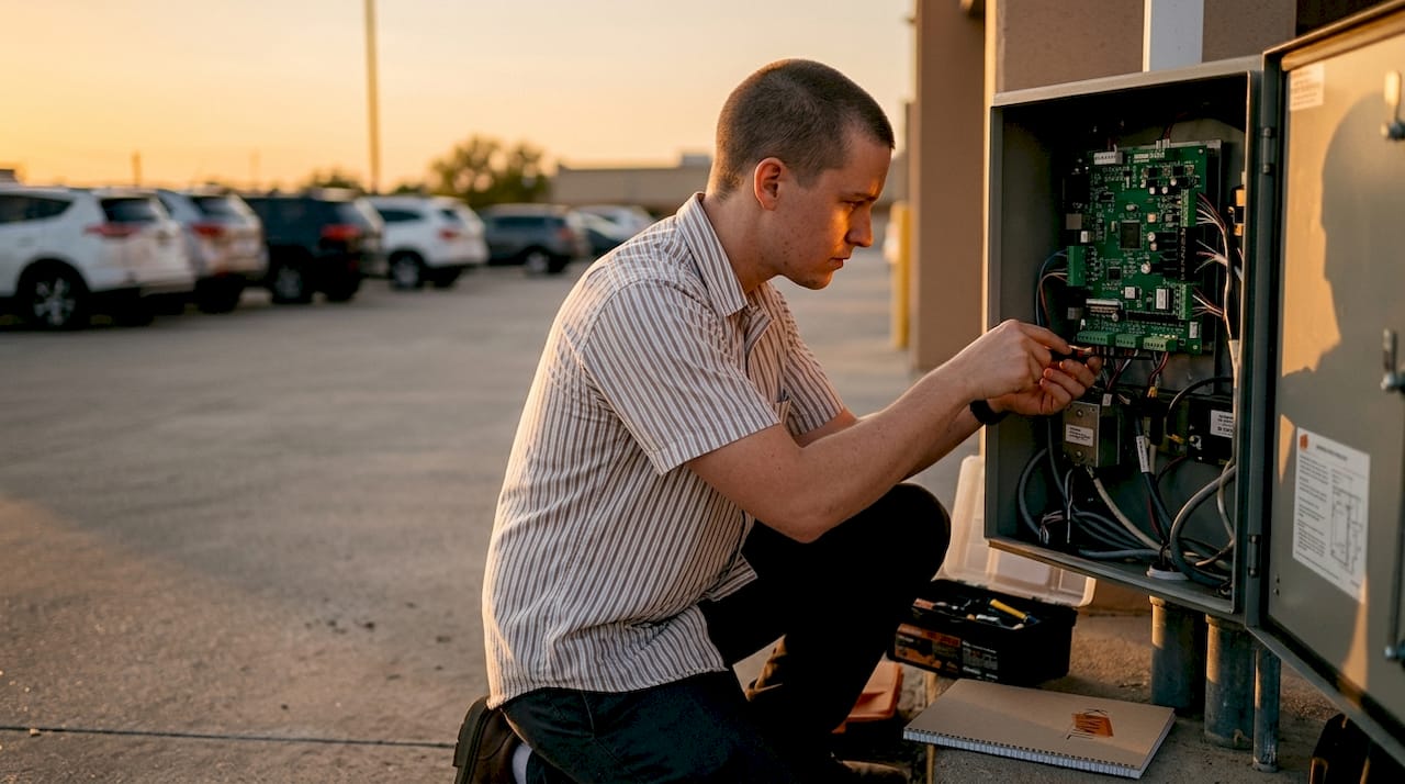 Technician adjusting parking gate controller wiring