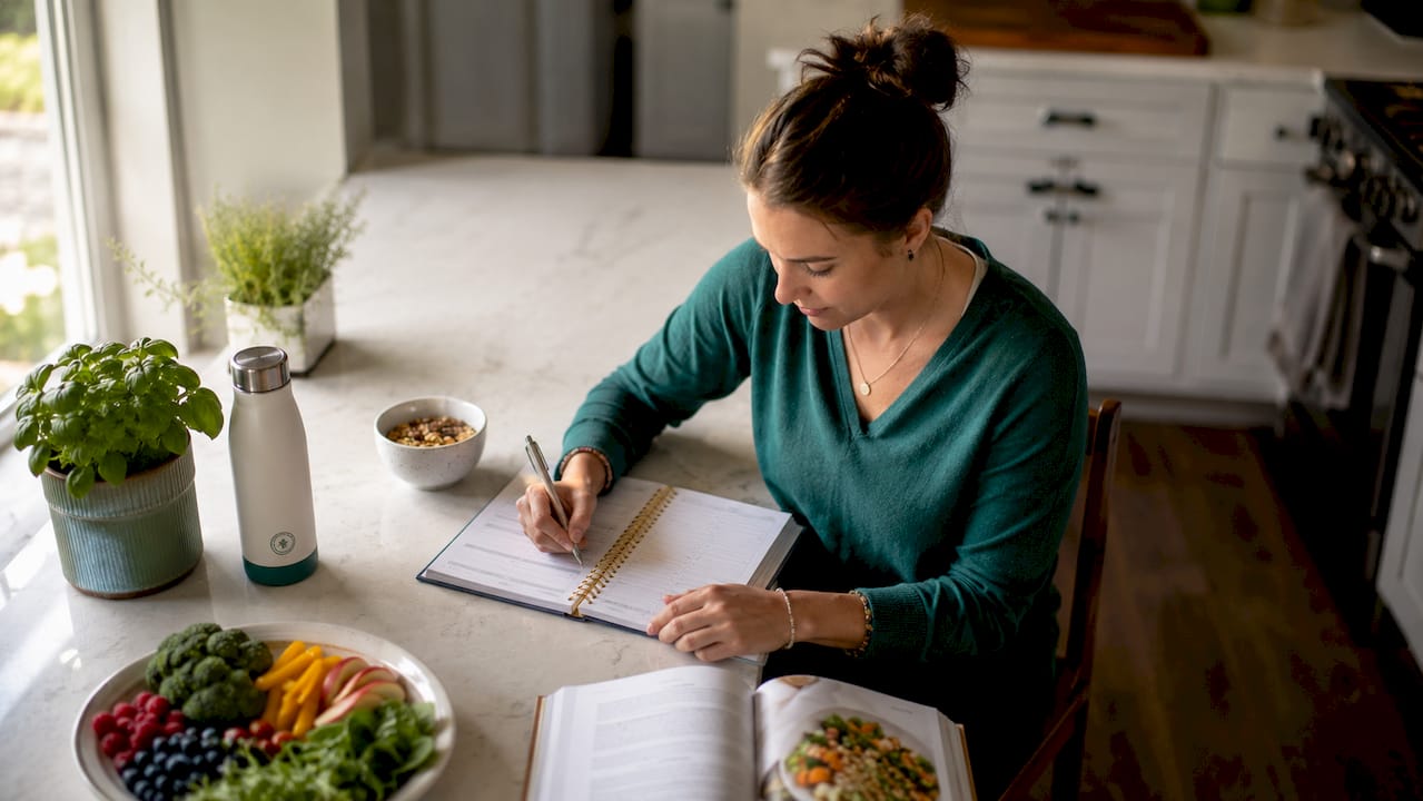 Woman auditing healthy eating at kitchen table