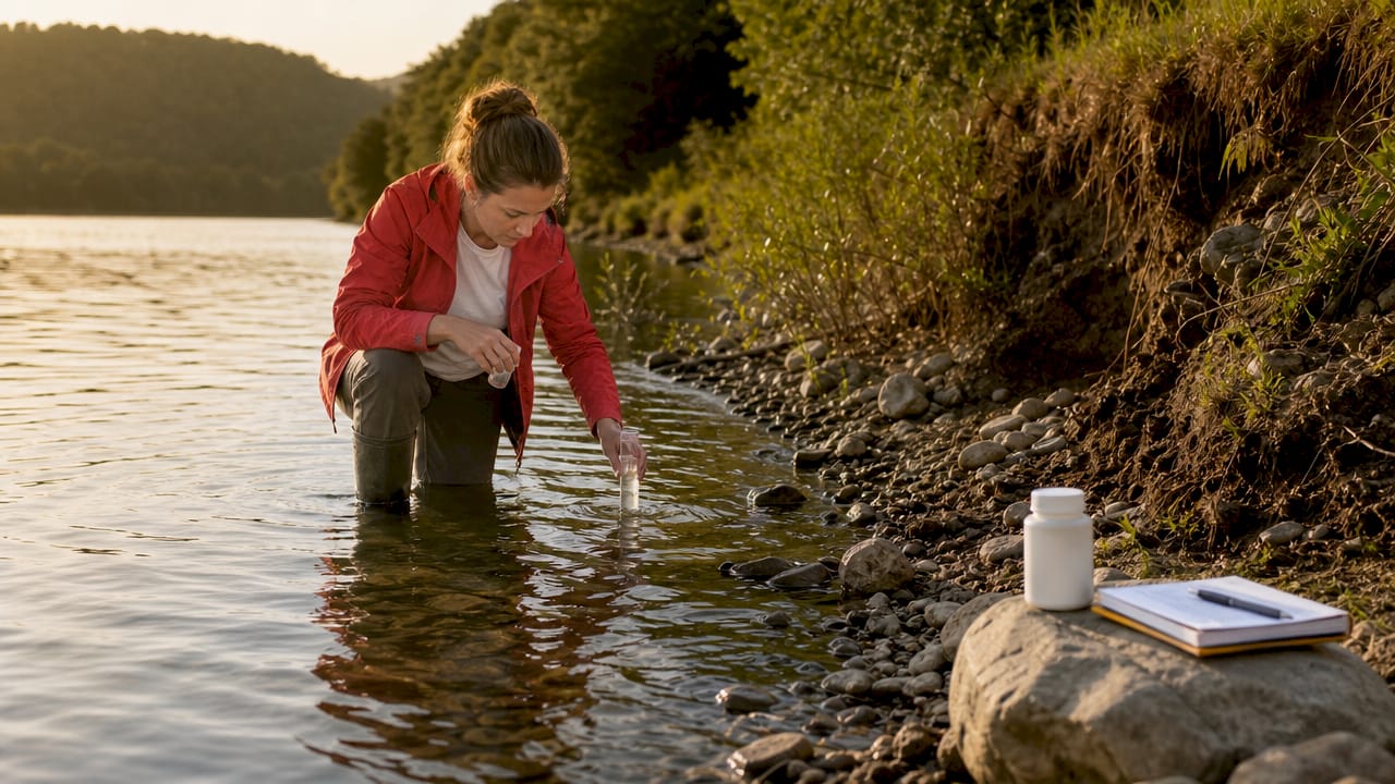 Scientist collecting water sample near eroded shoreline