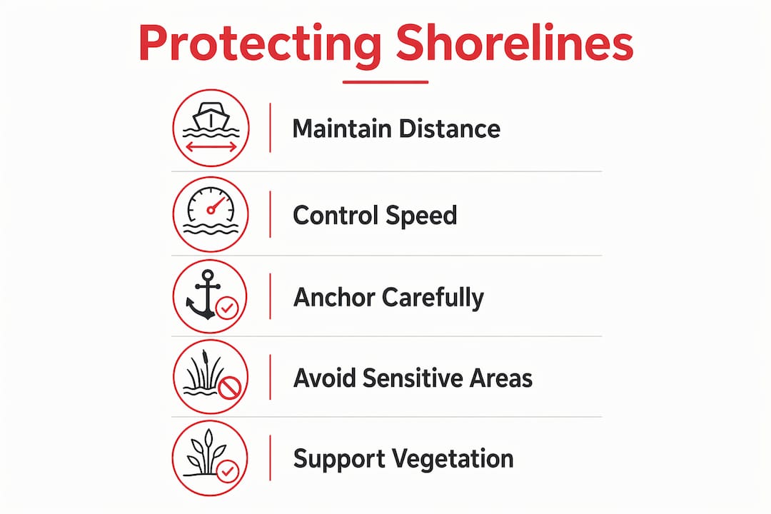 Infographic illustrating steps for responsible boating to protect shoreline