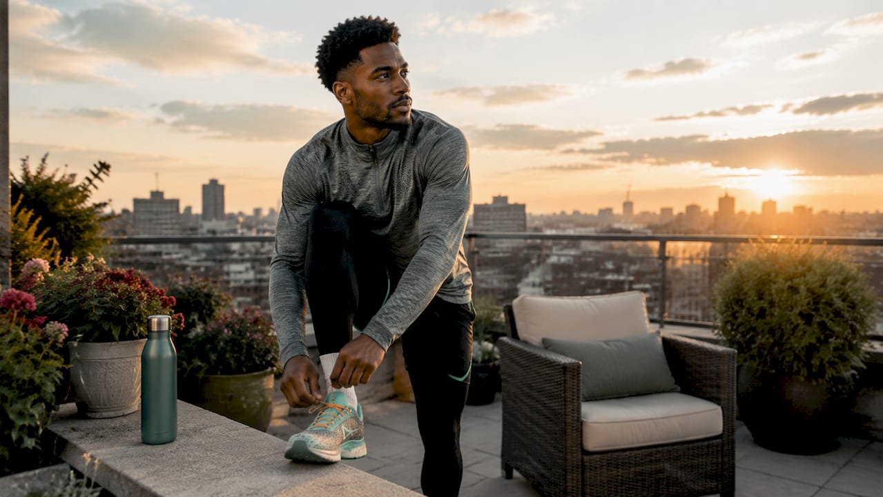 Man preparing for morning walk on balcony