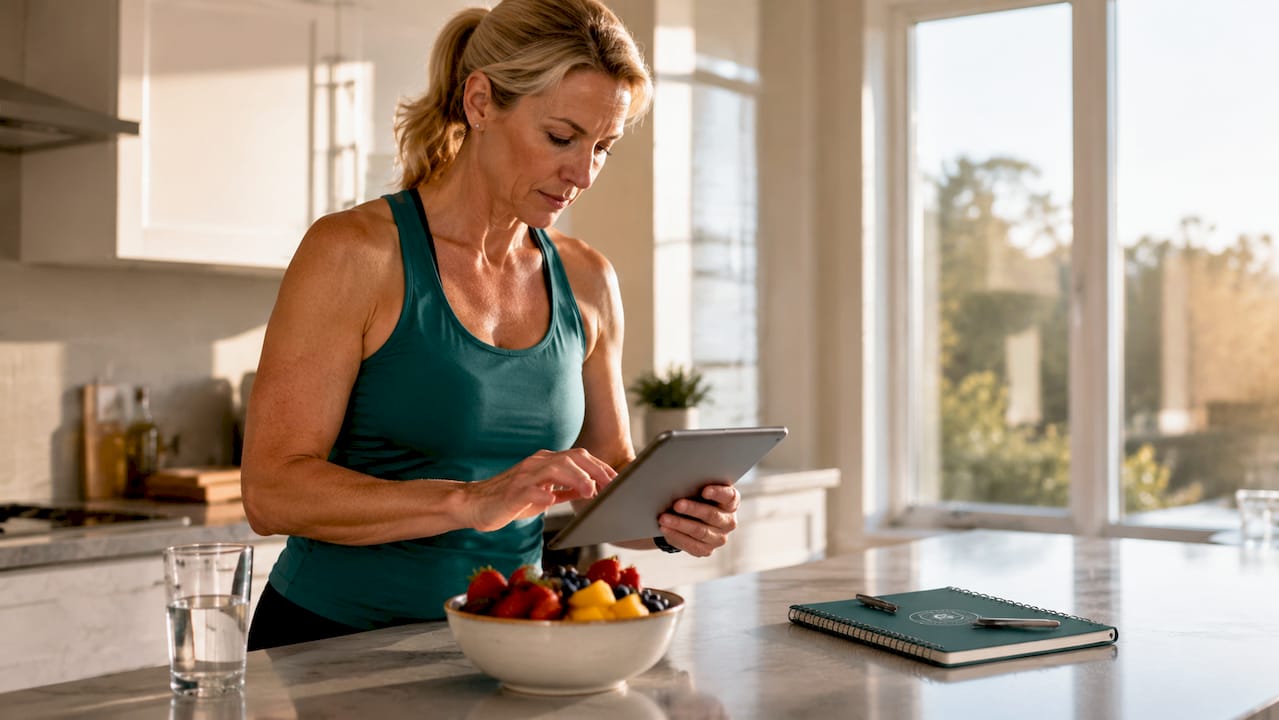 Woman logging food habits at kitchen table