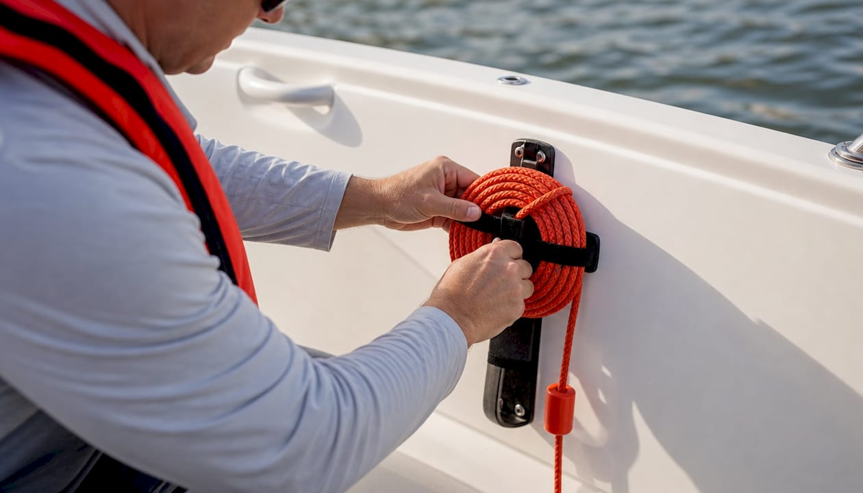 Hands adjusting boating safety gear on motorboat deck