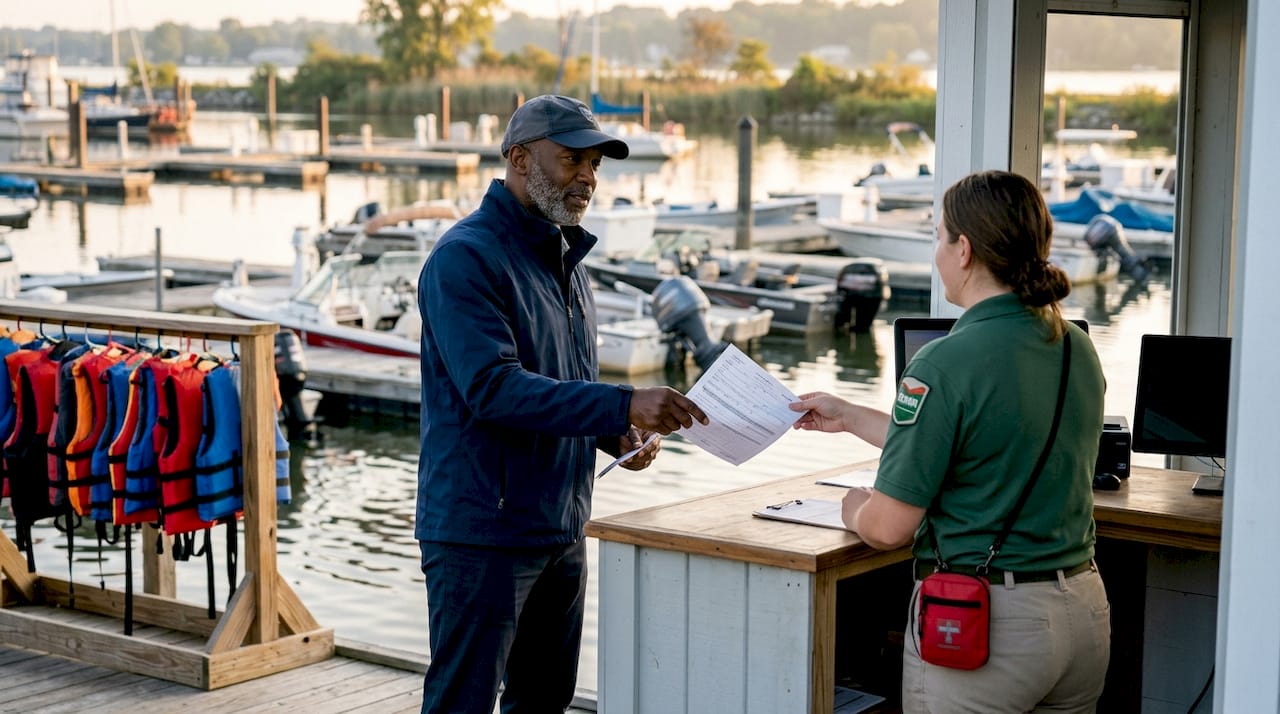Man registering a boat at marina office window